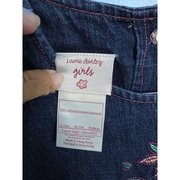 Size 8 Vintage Laura Ashley Girls Embroidered Denim Pinafore Dress - Picture 4 of 5